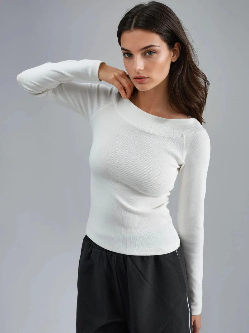 بوسيم BUSEM Slim Fit Ribbed Boat Neck Blouse